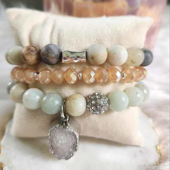 NWT Ryze Natural Stone Druzy & Amazonite Beaded Staxx Bracelets - Set of 3 - Picture 2 of 6
